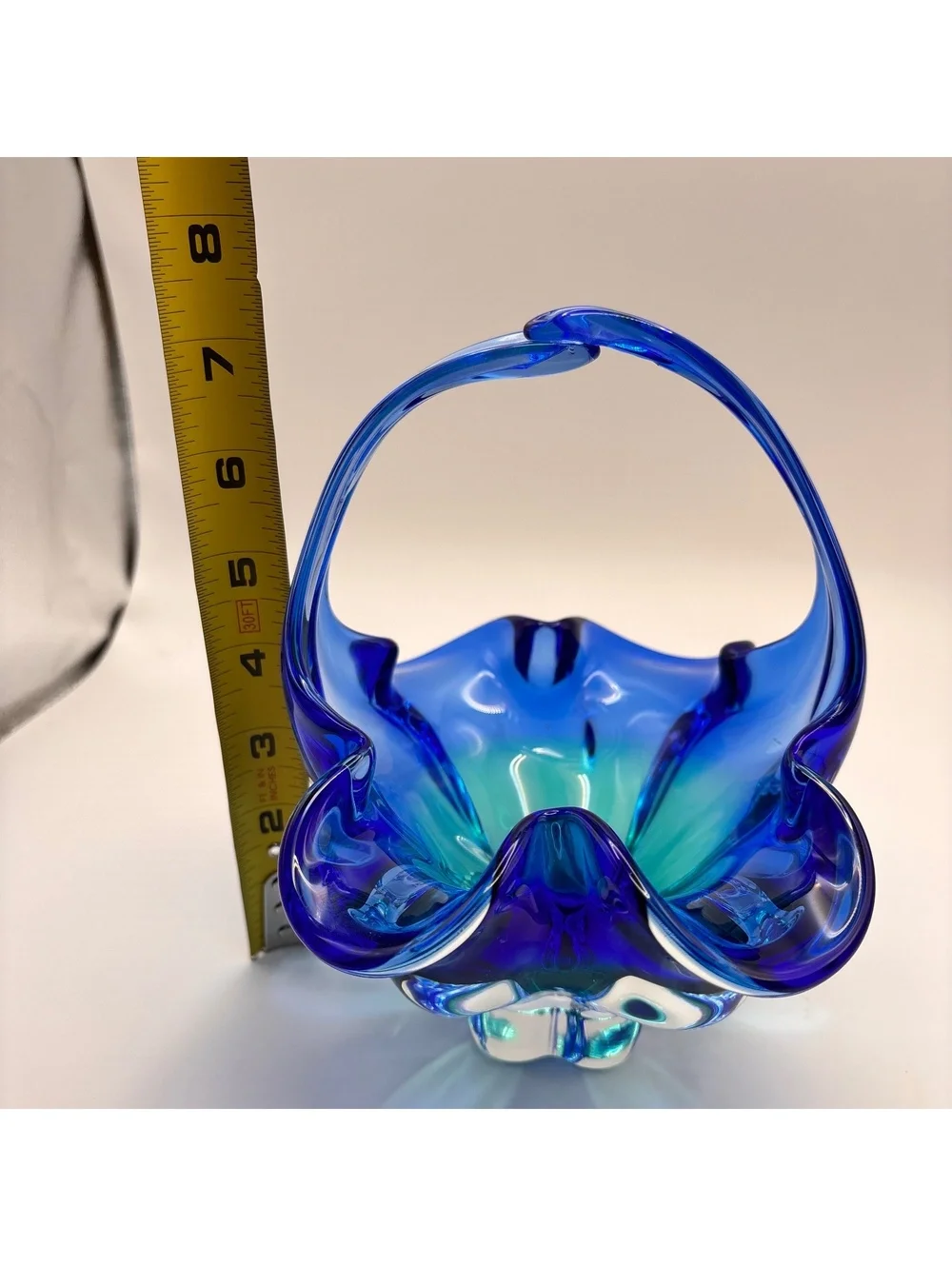 Vintage Cobalt Blue Hand-Blown Art Glass Basket Ruffled Rim Murano Style